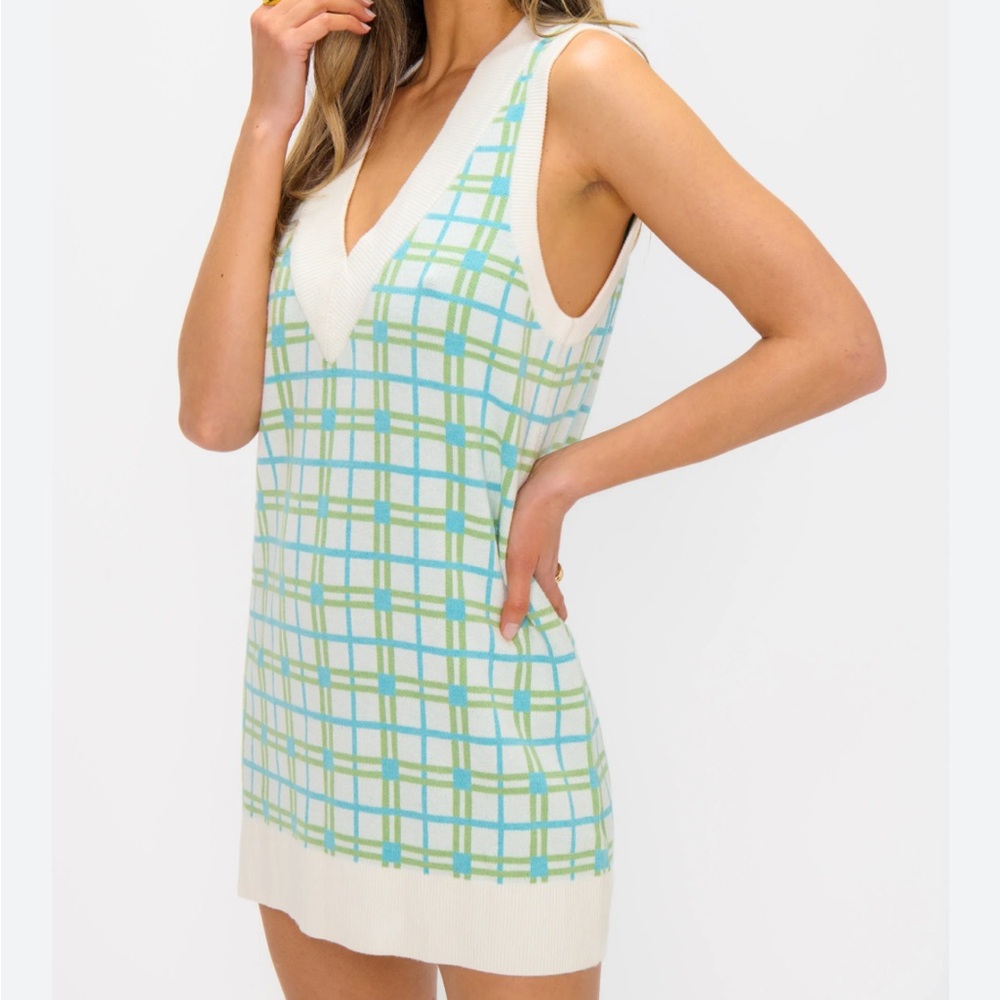 Show Me Your MuMu Hartford Tank Sweater Dress Green & Blue Plaid XS NWT NEW
